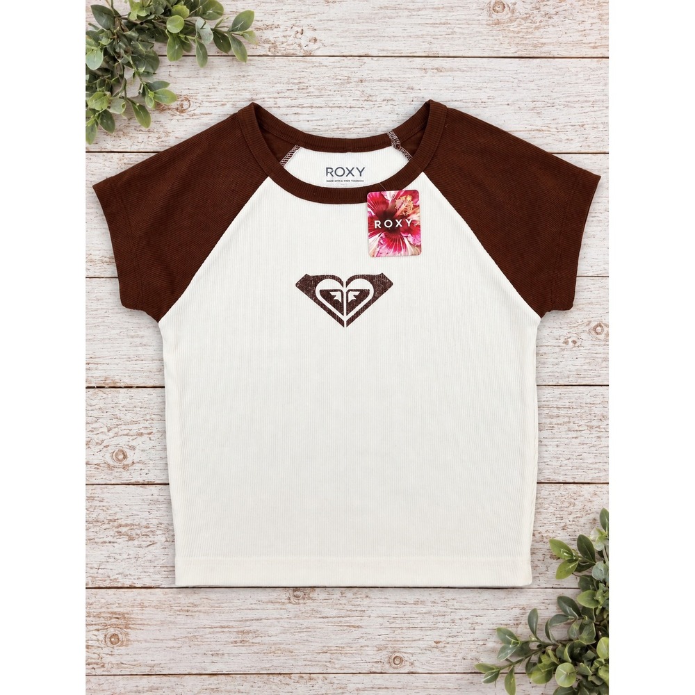 Roxy Raglan Crop Top Womens Size M White Brown Ribbed Y2K Logo NWT